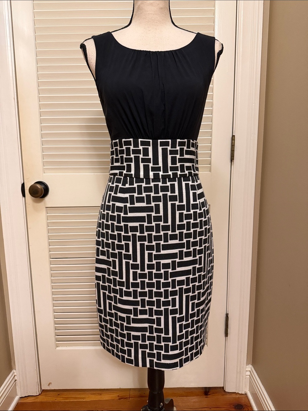 Trina Turk Black & White Geometric Midi Sheath Dress